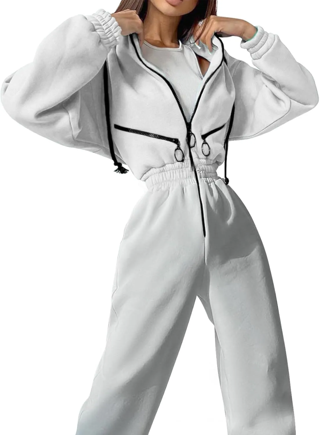 COZYPOIN Women Fleece Jumpsuits One Piece Outfits Hooded Sweatshirt Set High Waist Ladies Jumpsuit