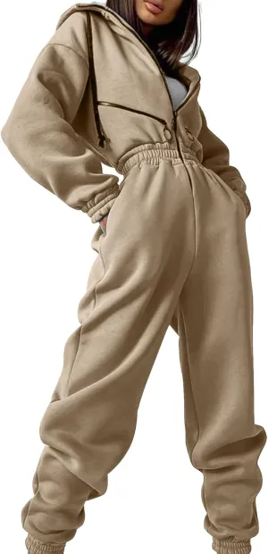 COZYPOIN Women Fleece Jumpsuits One Piece Outfits Hooded Sweatshirt Set High Waist Ladies Jumpsuit