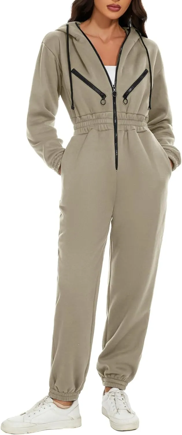 COZYPOIN Women Fleece Jumpsuits One Piece Outfits Hooded Sweatshirt Set High Waist Ladies Jumpsuit