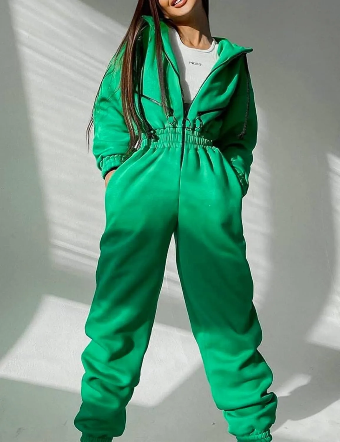 COZYPOIN Women Fleece Jumpsuits One Piece Outfits Hooded Sweatshirt Set High Waist Ladies Jumpsuit