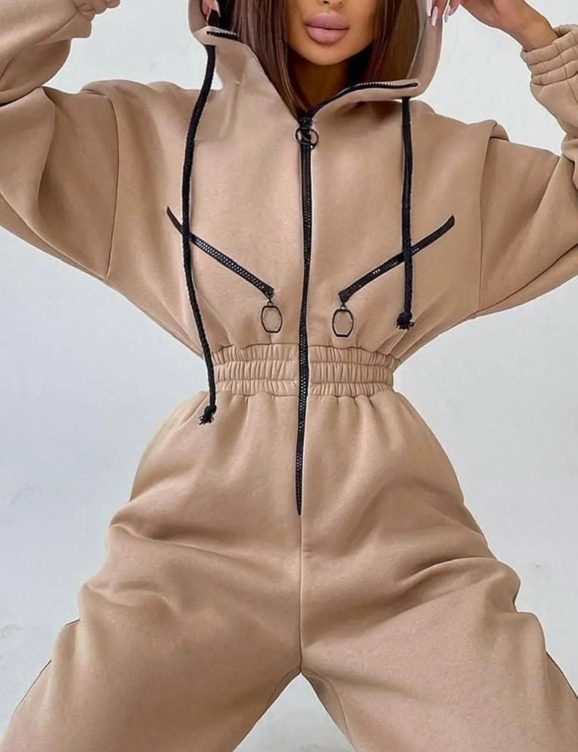 COZYPOIN Women Fleece Jumpsuits One Piece Outfits Hooded Sweatshirt Set High Waist Ladies Jumpsuit