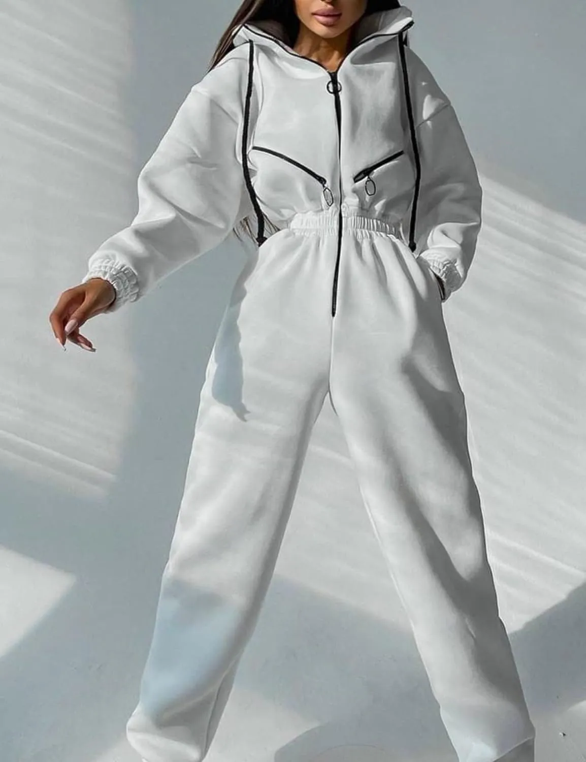COZYPOIN Women Fleece Jumpsuits One Piece Outfits Hooded Sweatshirt Set High Waist Ladies Jumpsuit