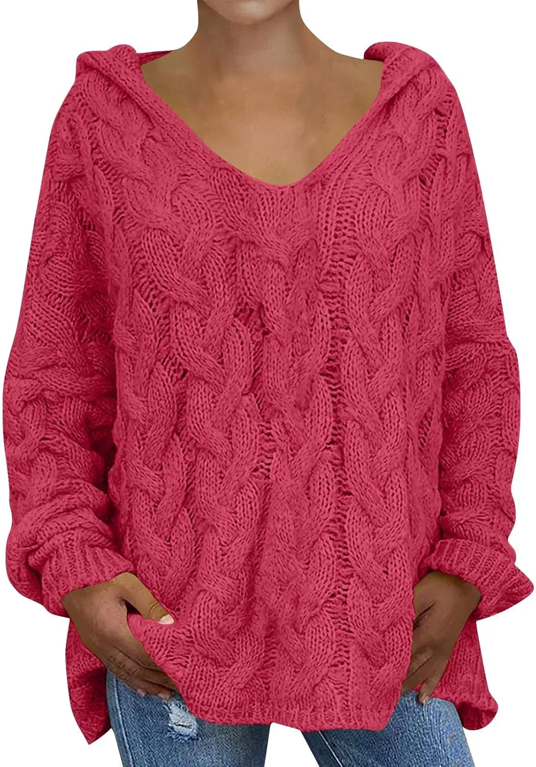 Crochet Sweaters for Women Cable Knit Hooded Sweater Plain Oversized Pullover Cozy Warm Chunky Sweaters