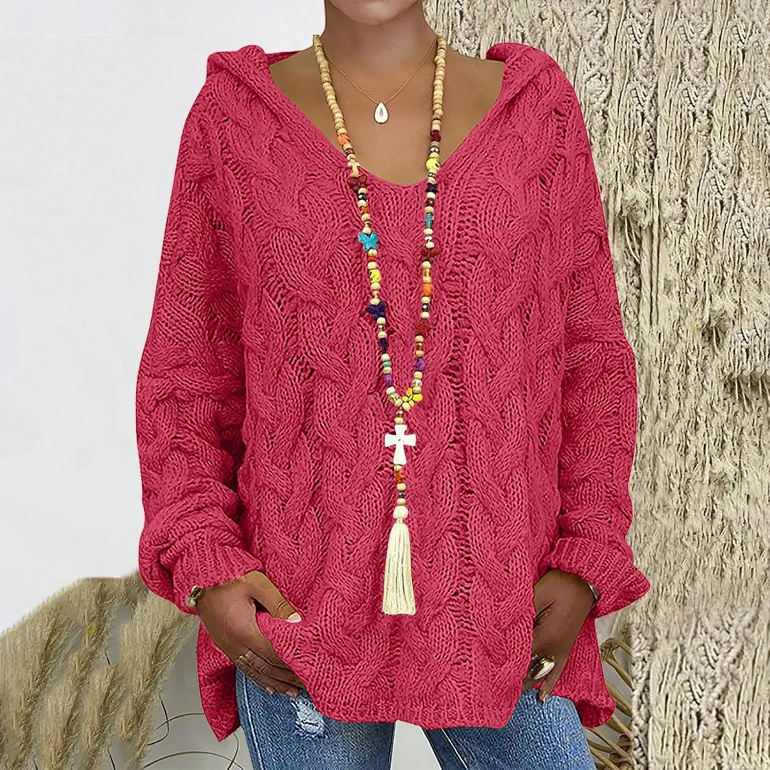 Crochet Sweaters for Women Cable Knit Hooded Sweater Plain Oversized Pullover Cozy Warm Chunky Sweaters