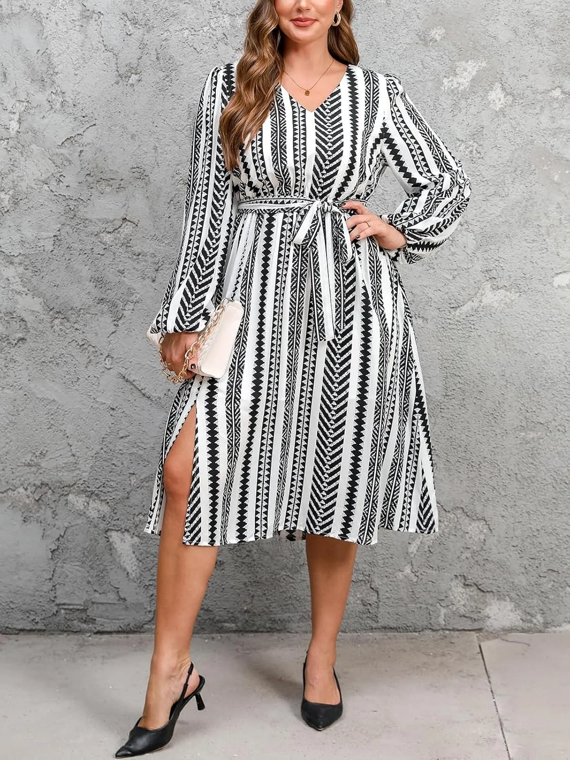 CUPSHE Plus Size Midi Dress for Women V Neck Puff Long Sleeves Waist Self Tie Belt Casual Fall Dress