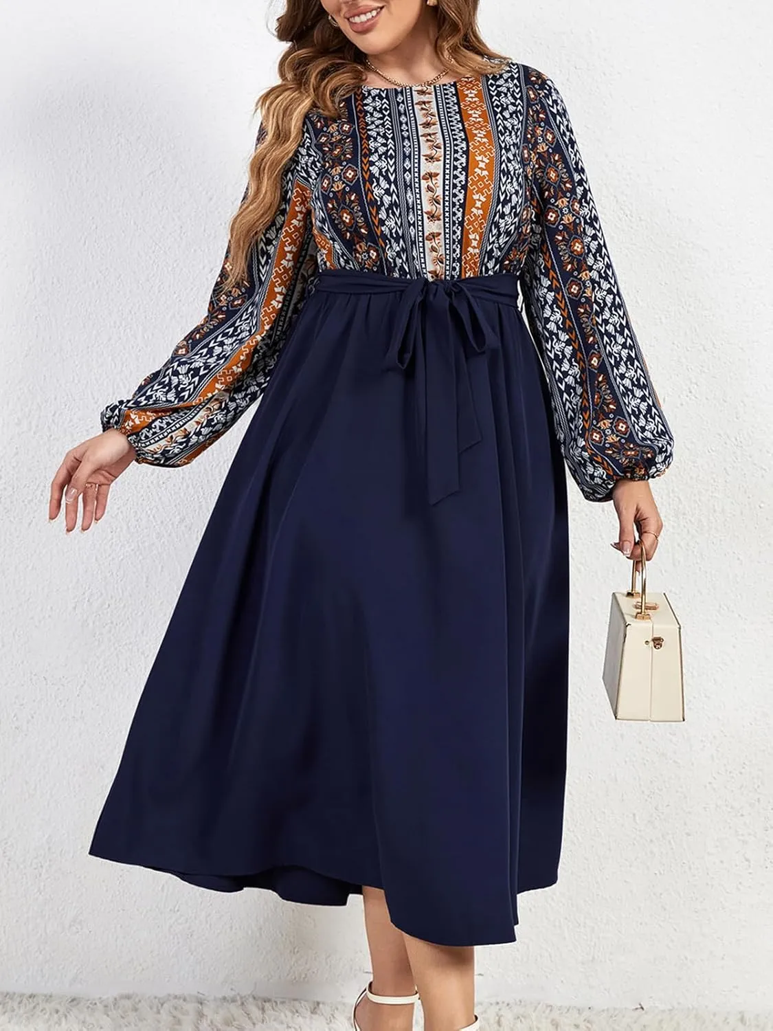CUPSHE Womens Plus Size Dress 2024 Bohemian Midi Dresses Long Sleeve A Line Flowy Spring Dress with Belt