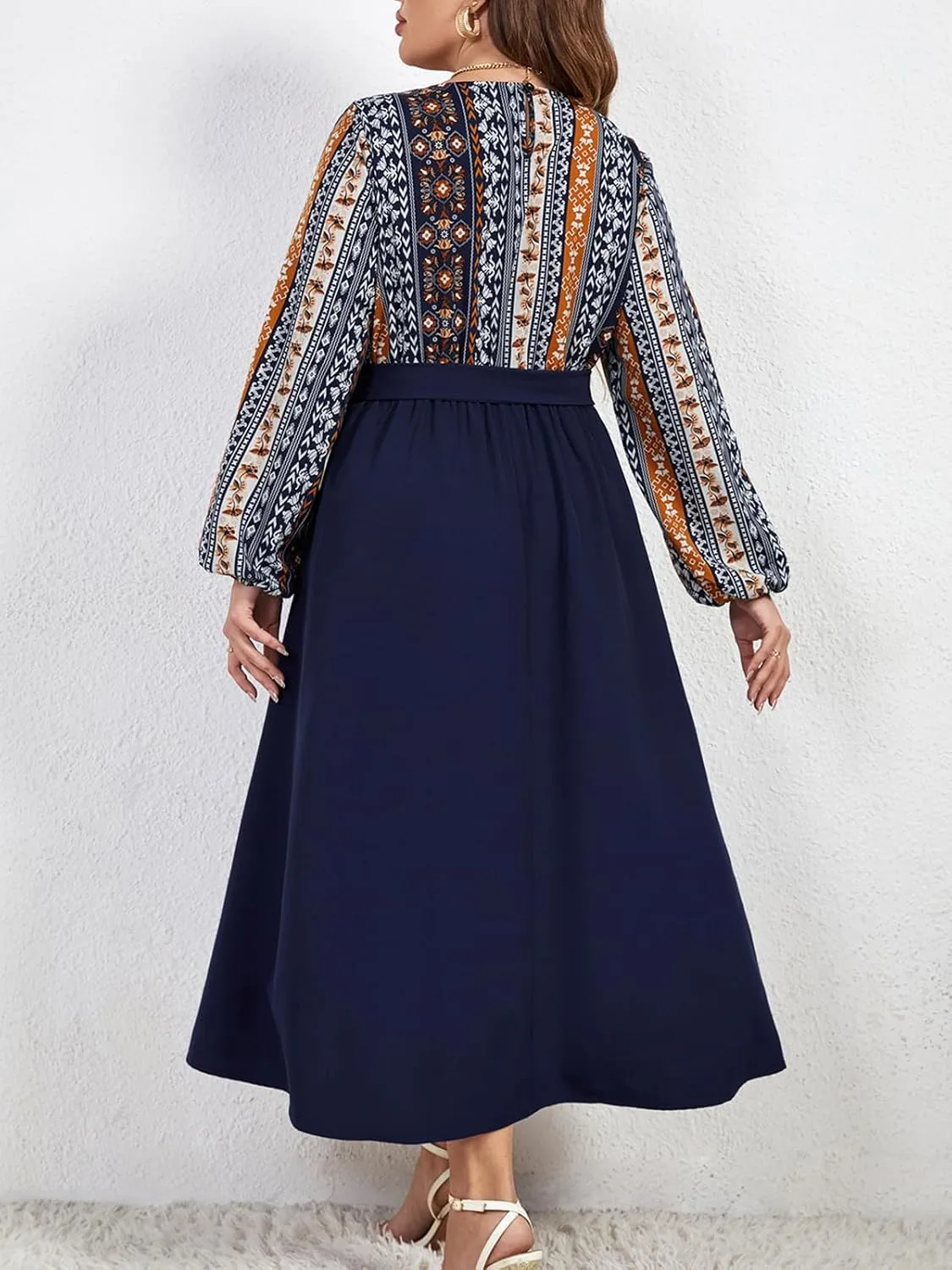 CUPSHE Womens Plus Size Dress 2024 Bohemian Midi Dresses Long Sleeve A Line Flowy Spring Dress with Belt