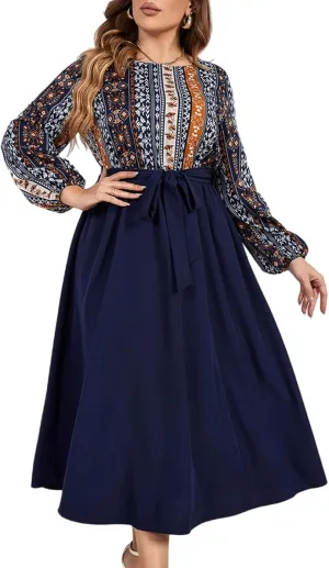 CUPSHE Womens Plus Size Dress 2024 Bohemian Midi Dresses Long Sleeve A Line Flowy Spring Dress with Belt