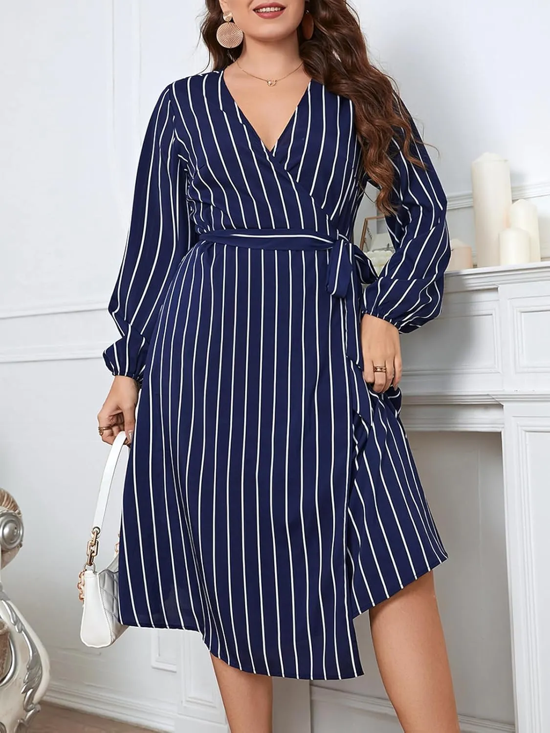 CUPSHE Womens Plus Size Dress 2024 Long Sleeve Midi Dresses V Neck Belted A Line Spring Dress