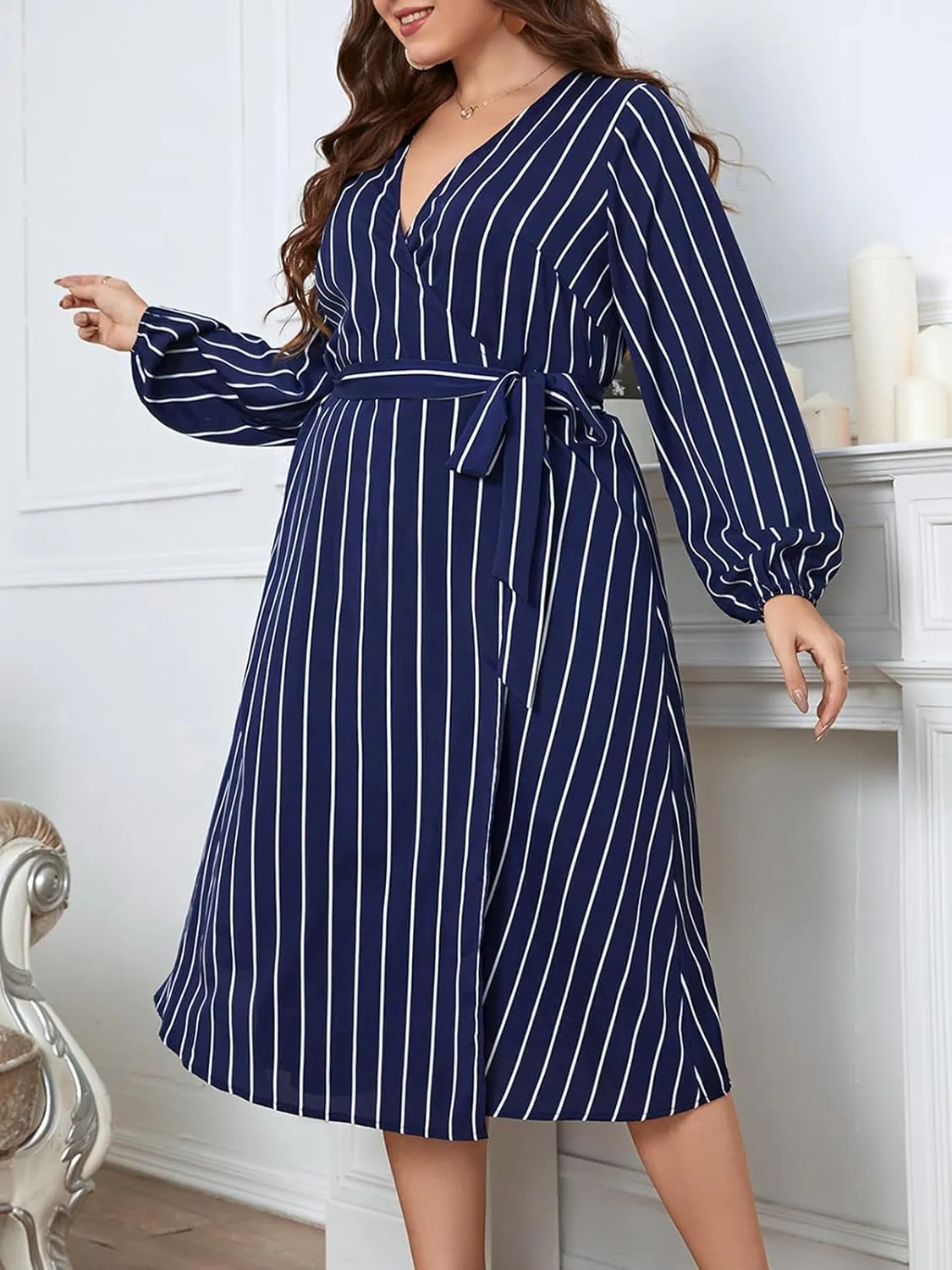 CUPSHE Womens Plus Size Dress 2024 Long Sleeve Midi Dresses V Neck Belted A Line Spring Dress