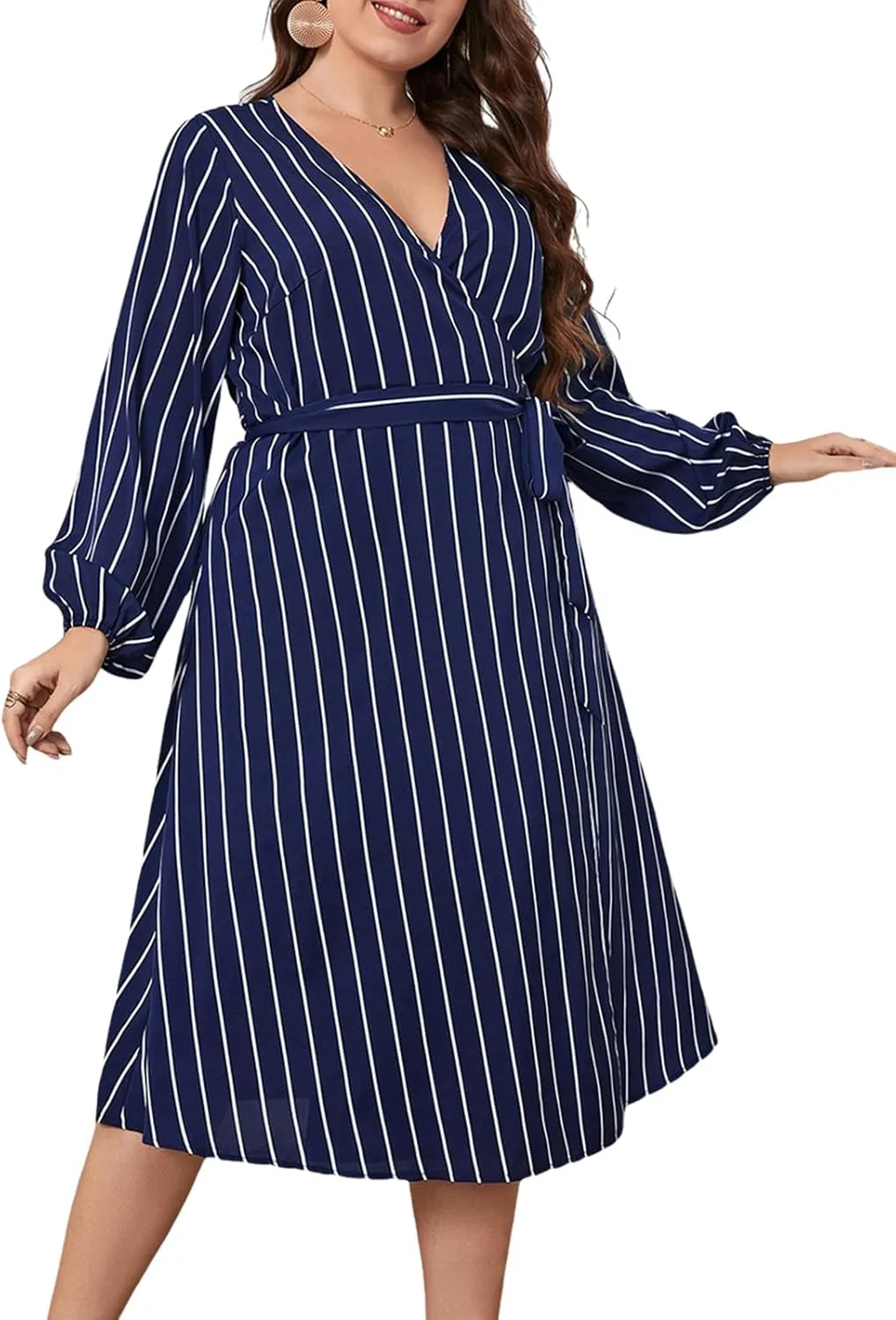 CUPSHE Womens Plus Size Dress 2024 Long Sleeve Midi Dresses V Neck Belted A Line Spring Dress
