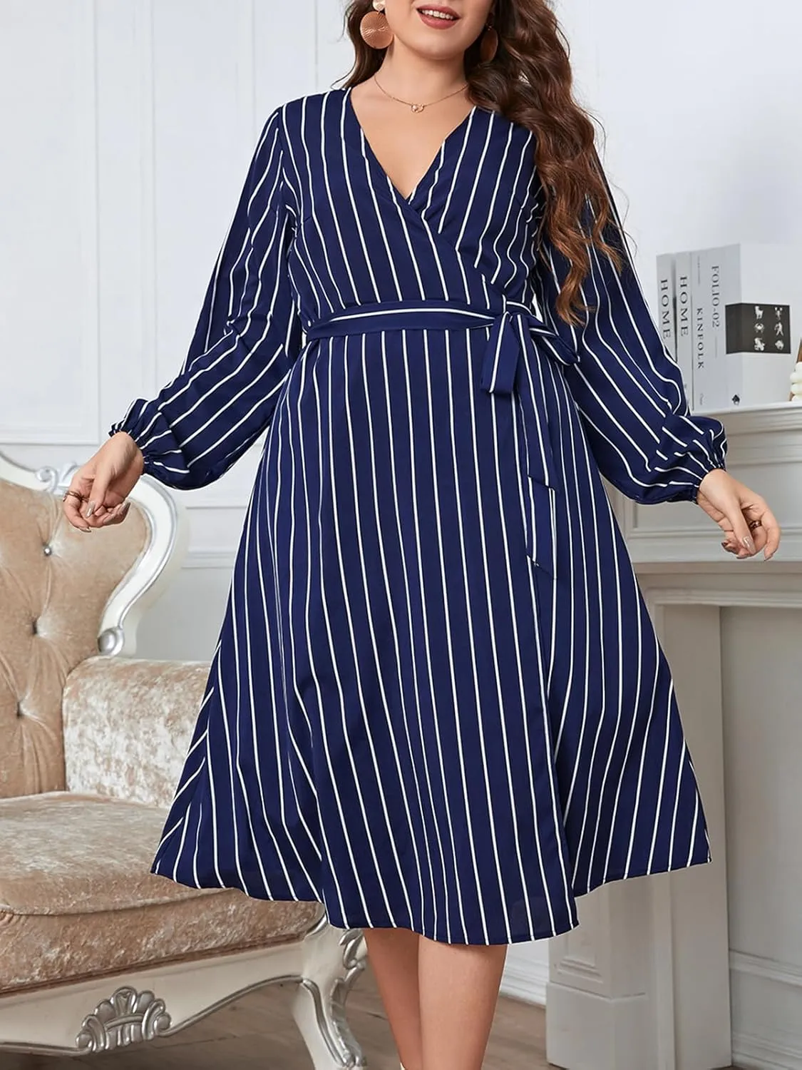 CUPSHE Womens Plus Size Dress 2024 Long Sleeve Midi Dresses V Neck Belted A Line Spring Dress