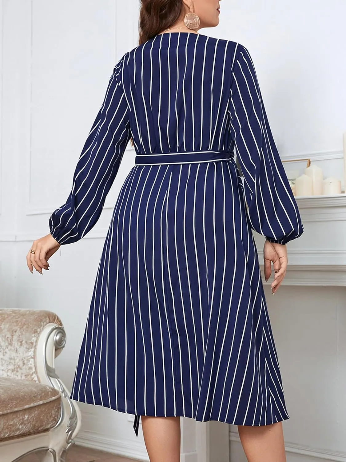 CUPSHE Womens Plus Size Dress 2024 Long Sleeve Midi Dresses V Neck Belted A Line Spring Dress
