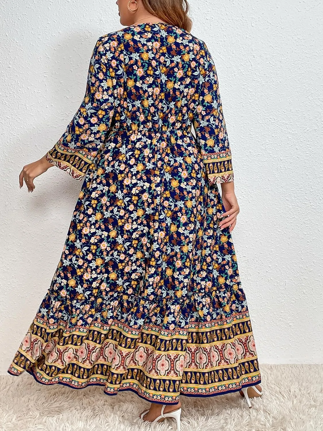 CUPSHE Womens Plus Size Dress 2024 Summer Bohemian Midi Dresses Long Sleeve Empire Waist A Line Flowy Sundress