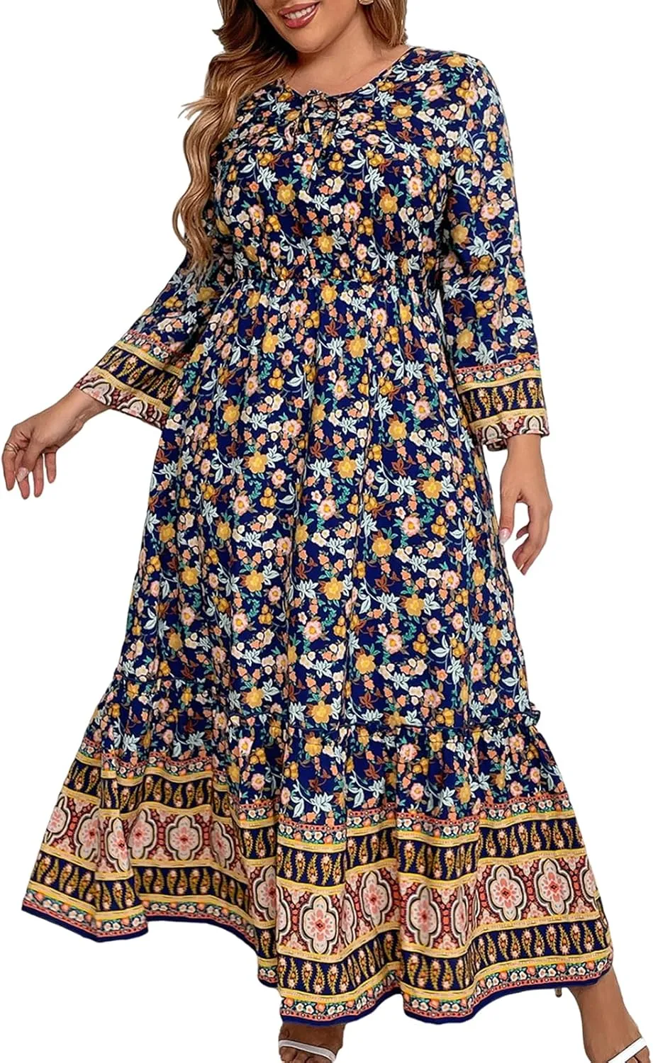 CUPSHE Womens Plus Size Dress 2024 Summer Bohemian Midi Dresses Long Sleeve Empire Waist A Line Flowy Sundress