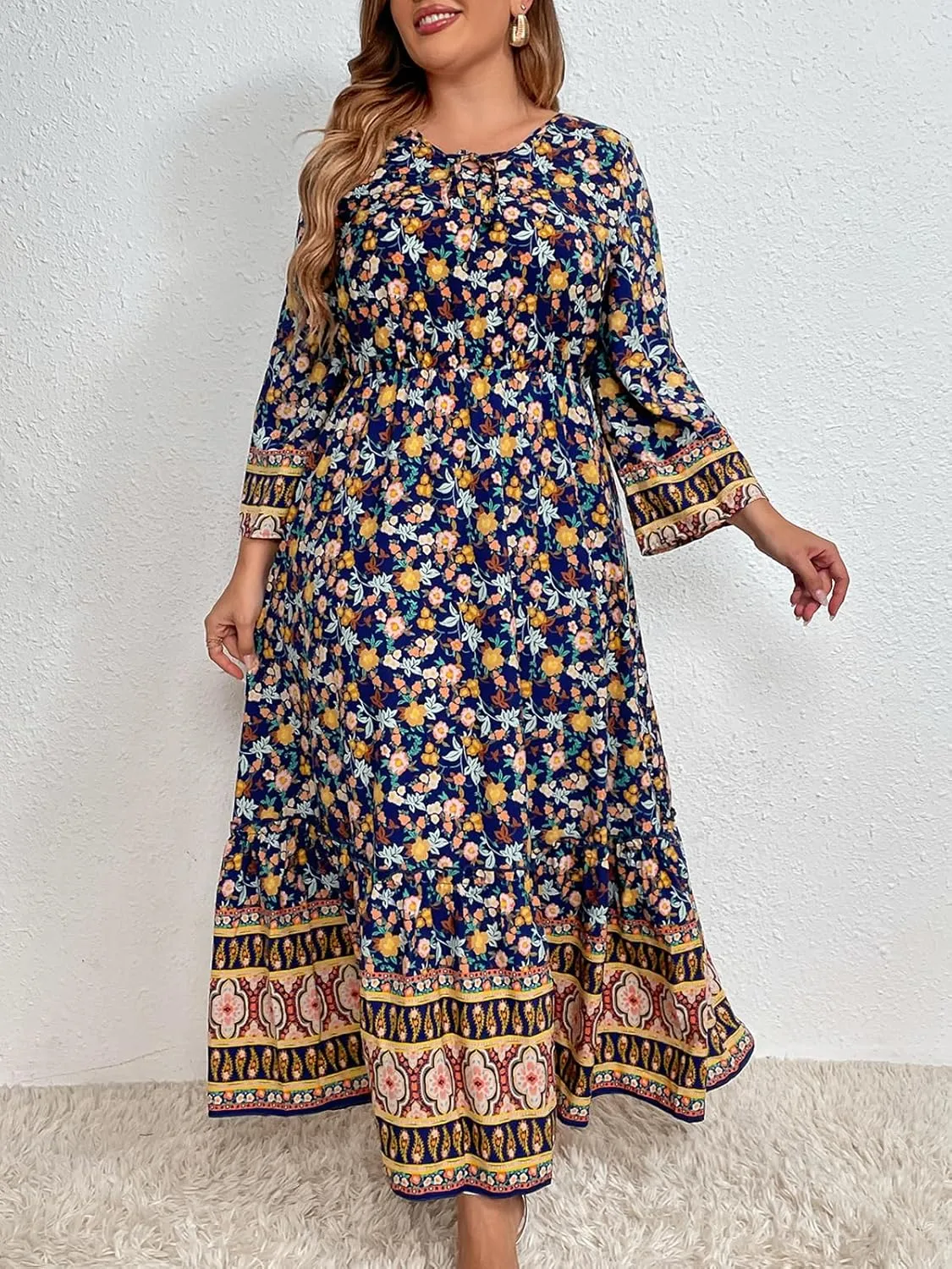CUPSHE Womens Plus Size Dress 2024 Summer Bohemian Midi Dresses Long Sleeve Empire Waist A Line Flowy Sundress
