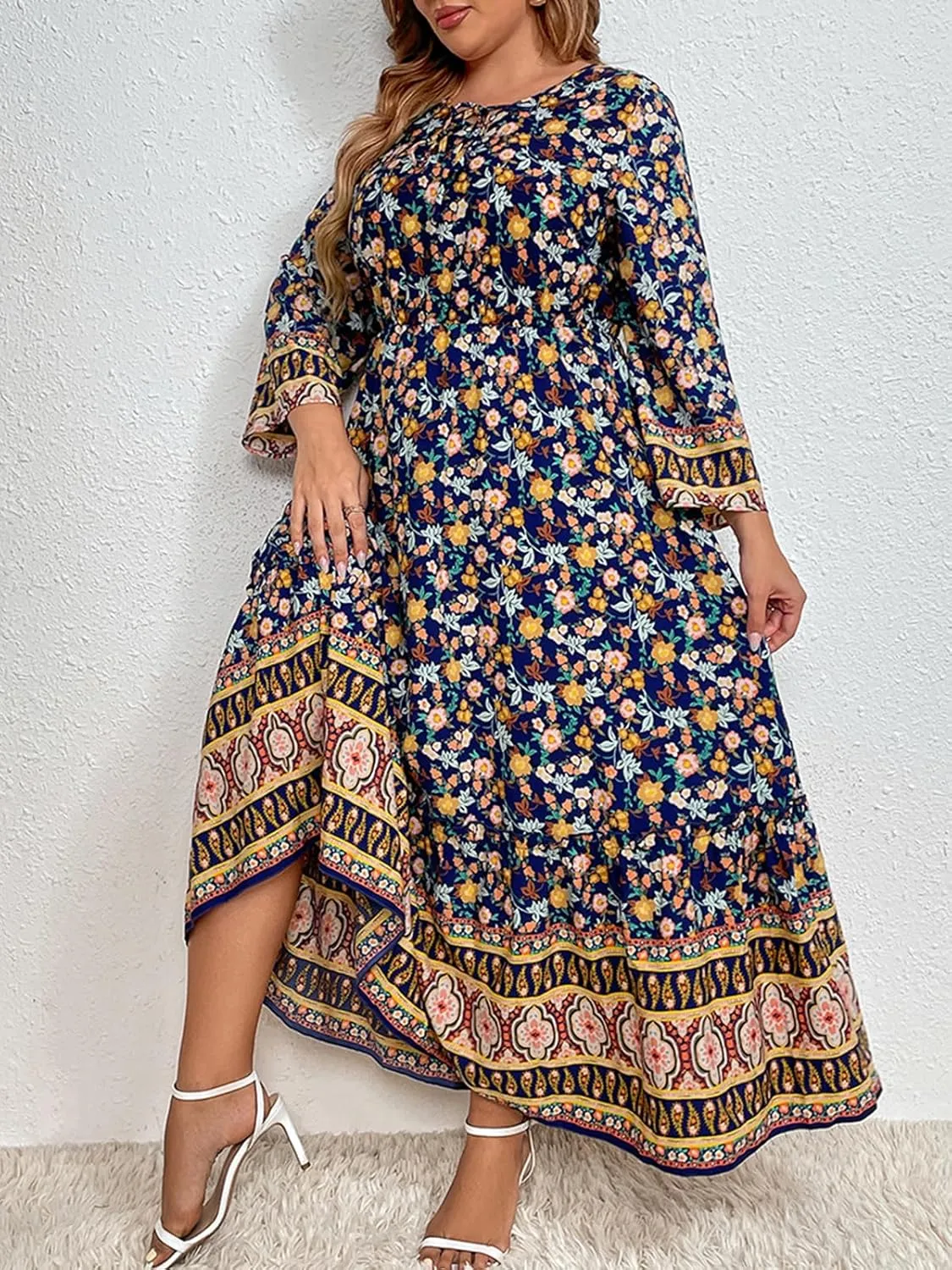 CUPSHE Womens Plus Size Dress 2024 Summer Bohemian Midi Dresses Long Sleeve Empire Waist A Line Flowy Sundress