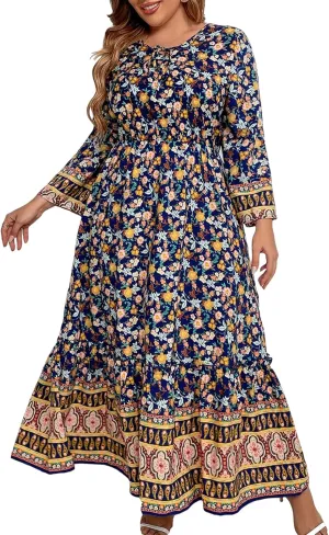 CUPSHE Womens Plus Size Dress 2024 Summer Bohemian Midi Dresses Long Sleeve Empire Waist A Line Flowy Sundress