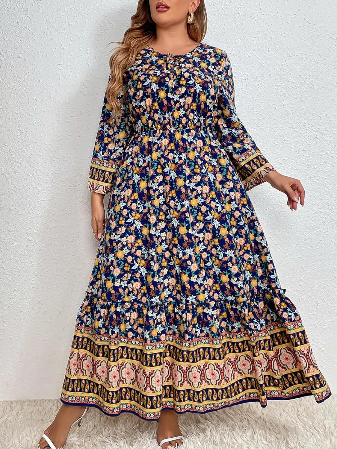 CUPSHE Womens Plus Size Dress 2024 Summer Bohemian Midi Dresses Long Sleeve Empire Waist A Line Flowy Sundress