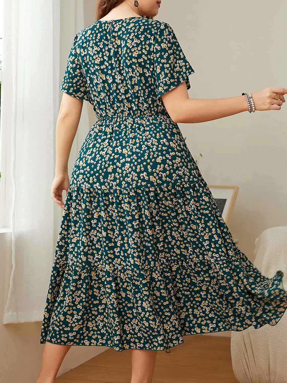 CUPSHE Womens Plus Size Dress 2024 Summer Bohemian Midi Dresses Short Sleeve A Line Flowy Beach Sundress