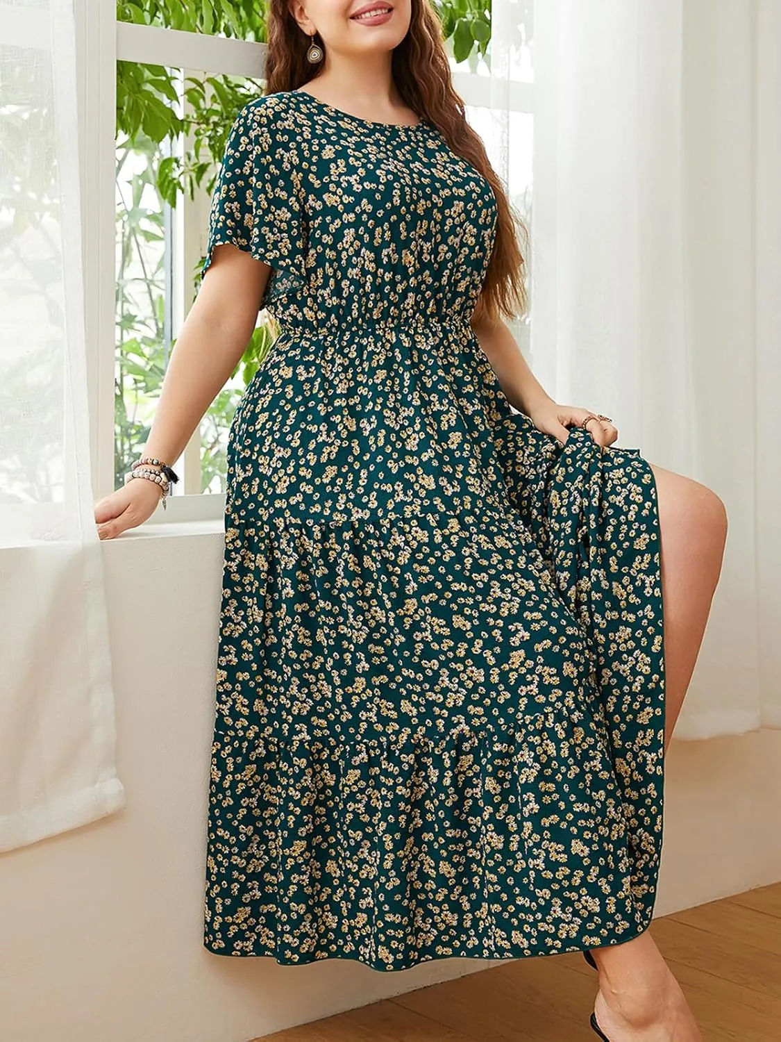 CUPSHE Womens Plus Size Dress 2024 Summer Bohemian Midi Dresses Short Sleeve A Line Flowy Beach Sundress