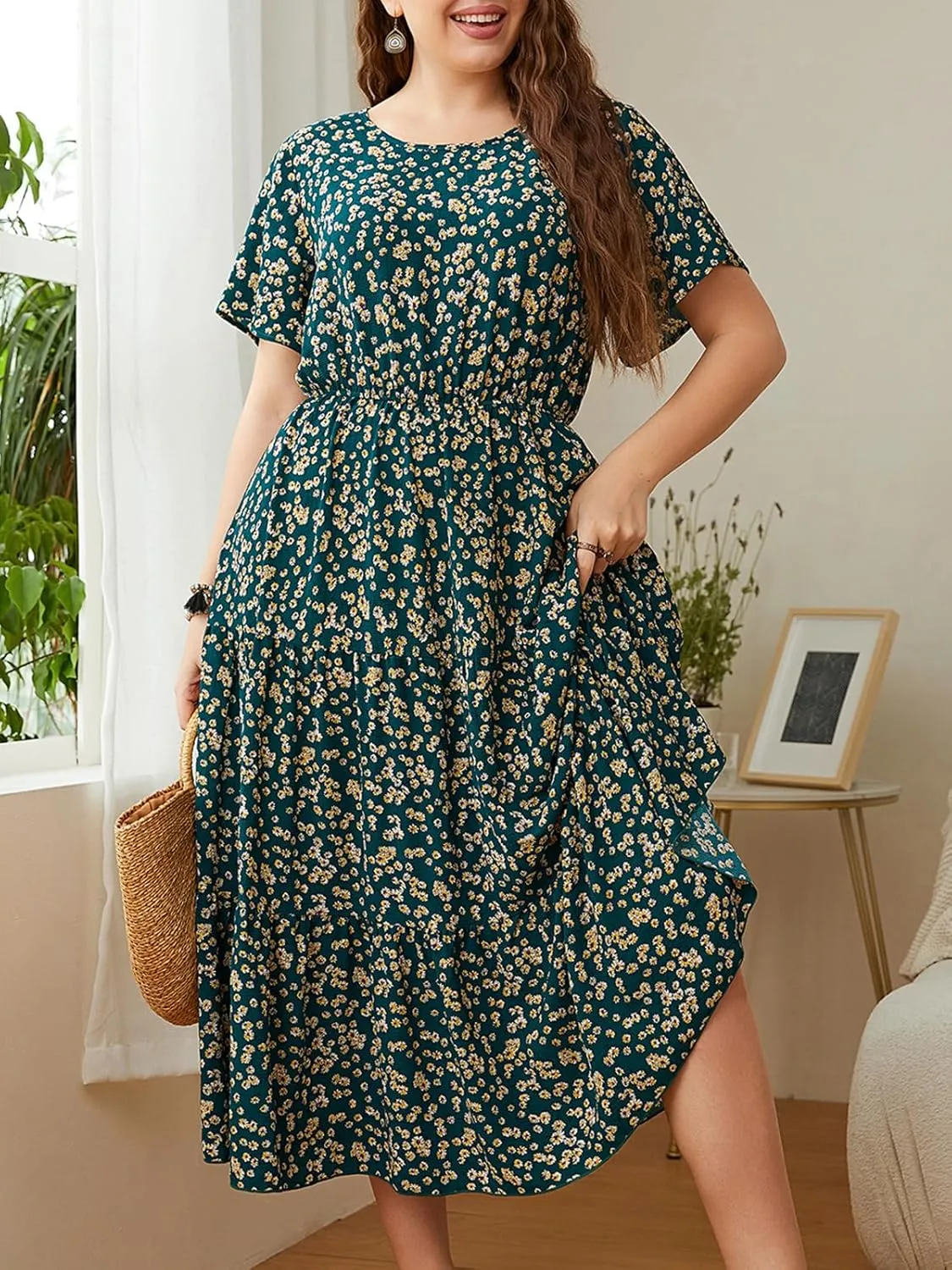 CUPSHE Womens Plus Size Dress 2024 Summer Bohemian Midi Dresses Short Sleeve A Line Flowy Beach Sundress