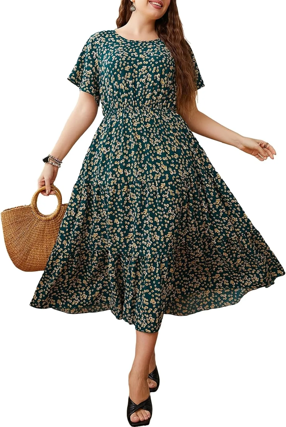 CUPSHE Womens Plus Size Dress 2024 Summer Bohemian Midi Dresses Short Sleeve A Line Flowy Beach Sundress