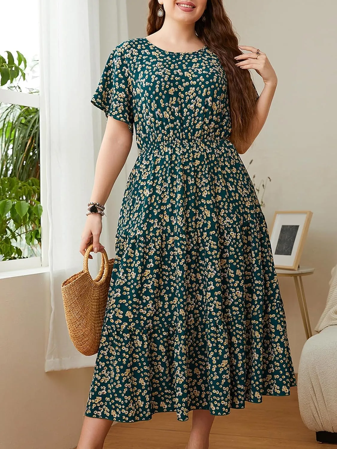 CUPSHE Womens Plus Size Dress 2024 Summer Bohemian Midi Dresses Short Sleeve A Line Flowy Beach Sundress