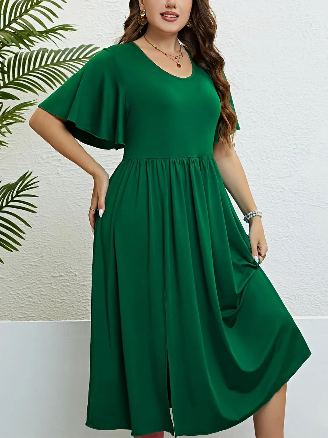 CUPSHE Womens Plus Size Dress 2024 Summer Midi Dresses Short Sleeve Side Slit A Line Loose Pleated Party Dress