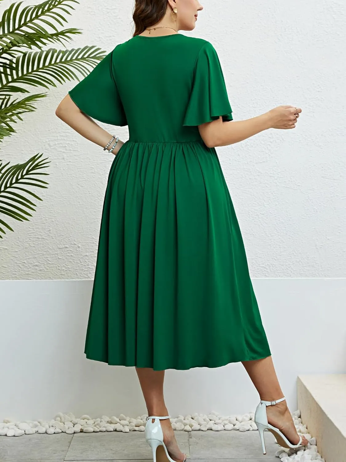 CUPSHE Womens Plus Size Dress 2024 Summer Midi Dresses Short Sleeve Side Slit A Line Loose Pleated Party Dress