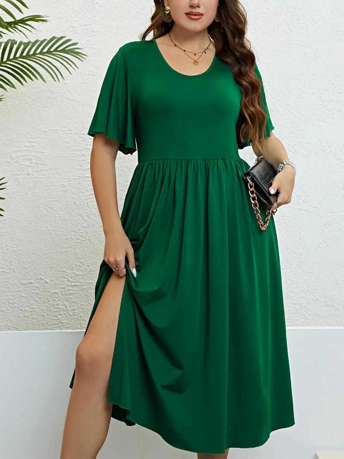 CUPSHE Womens Plus Size Dress 2024 Summer Midi Dresses Short Sleeve Side Slit A Line Loose Pleated Party Dress
