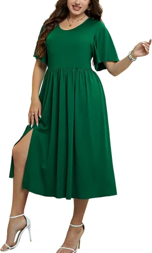 CUPSHE Womens Plus Size Dress 2024 Summer Midi Dresses Short Sleeve Side Slit A Line Loose Pleated Party Dress