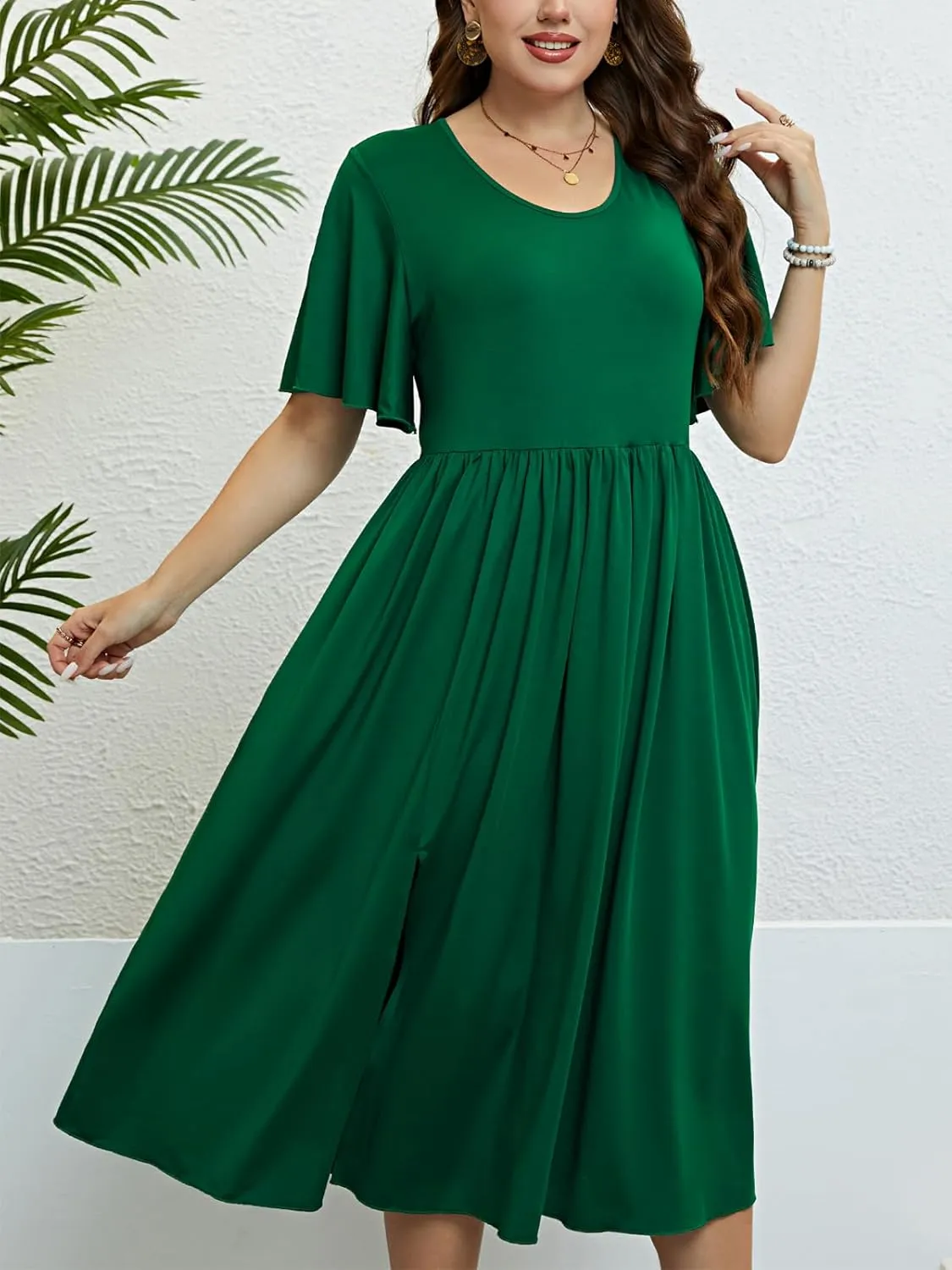 CUPSHE Womens Plus Size Dress 2024 Summer Midi Dresses Short Sleeve Side Slit A Line Loose Pleated Party Dress
