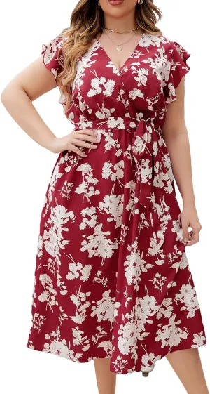 CUPSHE Womens Plus Size Dress 2024 Summer Midi Dresses V Neck Ruffled Cap Sleeves Wrapped Belt A Line Sundress