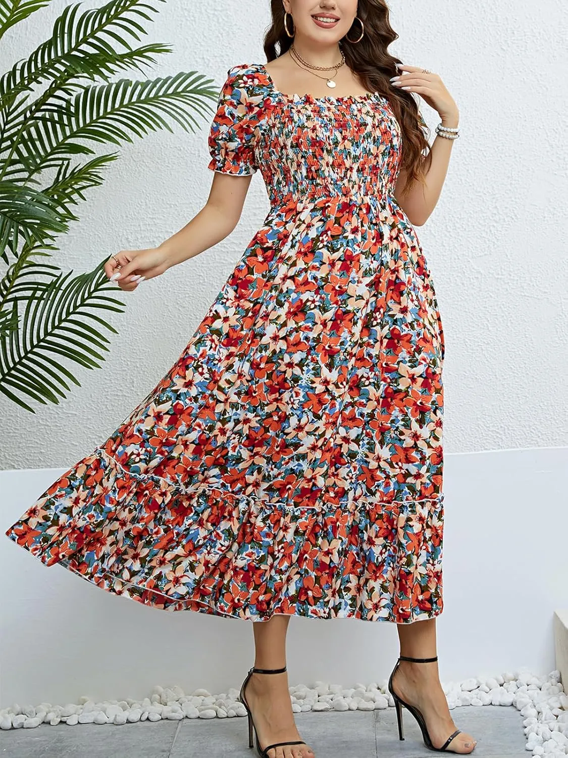 CUPSHE Women's Plus Size Dress Summer Bohemian Maxi Dresses Square Neck Smocked A Line Flowy Beach Sundress