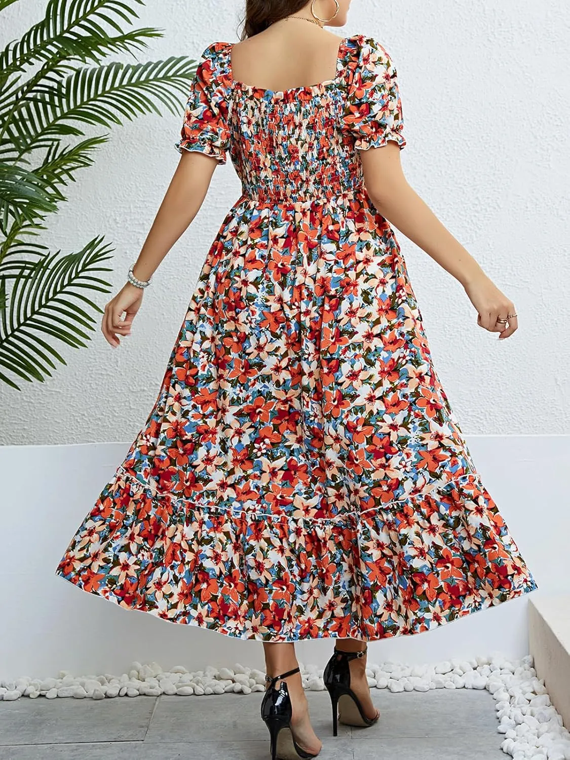 CUPSHE Women's Plus Size Dress Summer Bohemian Maxi Dresses Square Neck Smocked A Line Flowy Beach Sundress