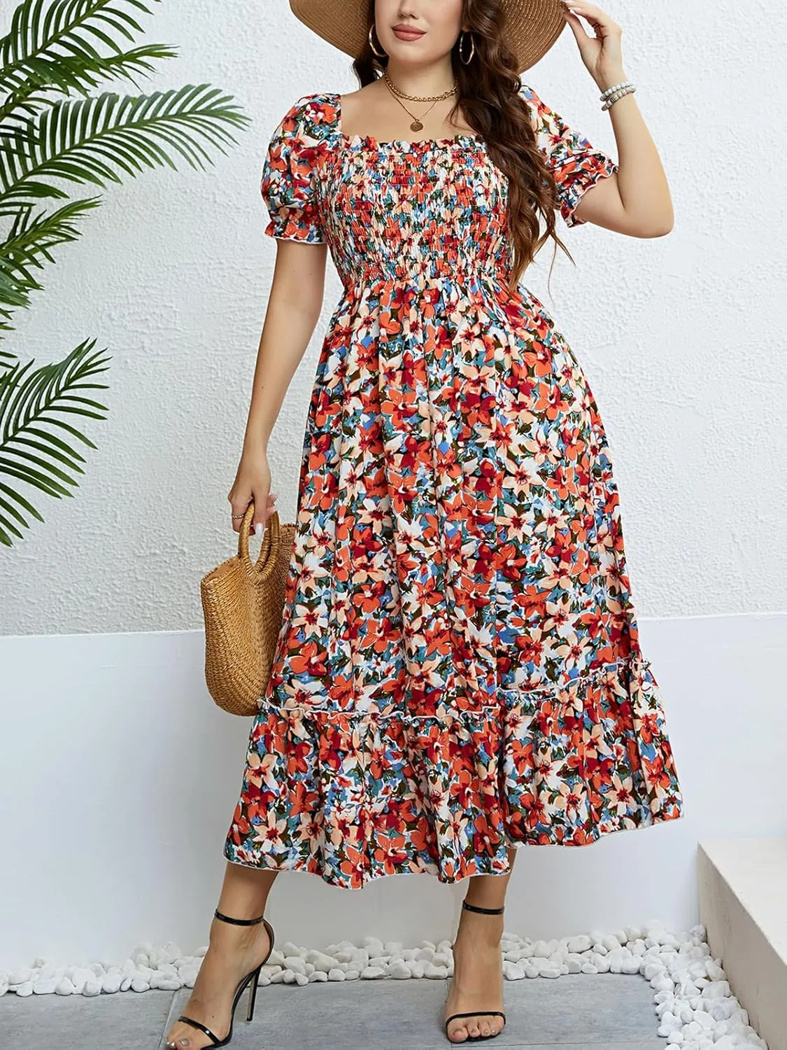 CUPSHE Women's Plus Size Dress Summer Bohemian Maxi Dresses Square Neck Smocked A Line Flowy Beach Sundress