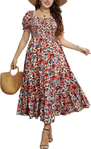 CUPSHE Women's Plus Size Dress Summer Bohemian Maxi Dresses Square Neck Smocked A Line Flowy Beach Sundress