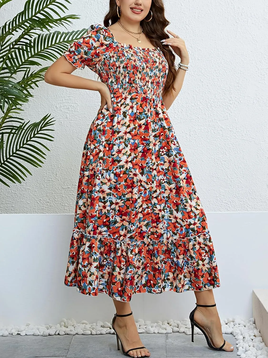 CUPSHE Women's Plus Size Dress Summer Bohemian Maxi Dresses Square Neck Smocked A Line Flowy Beach Sundress