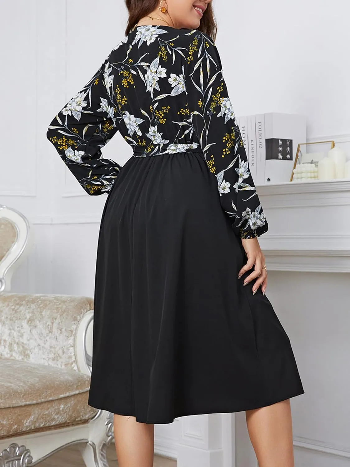 CUPSHE Women's Plus Size Midi Dress 2024 Puff Long Sleeve Casual Dresses A Line Flowy Spring Dress