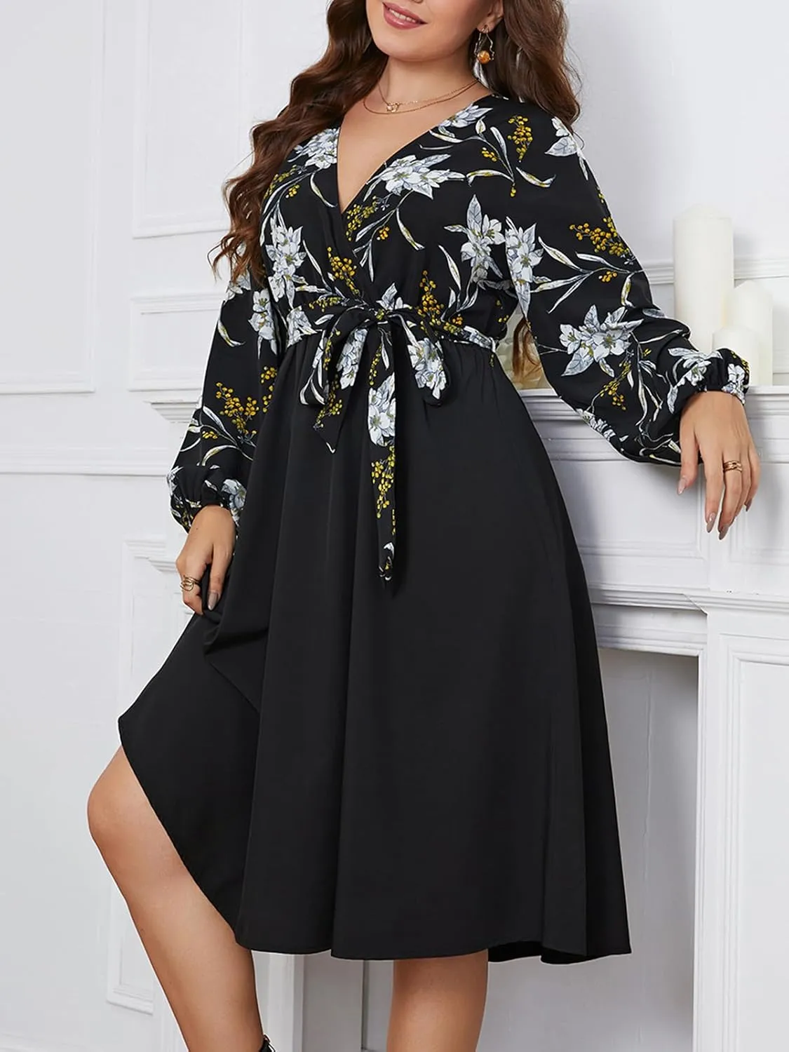 CUPSHE Women's Plus Size Midi Dress 2024 Puff Long Sleeve Casual Dresses A Line Flowy Spring Dress