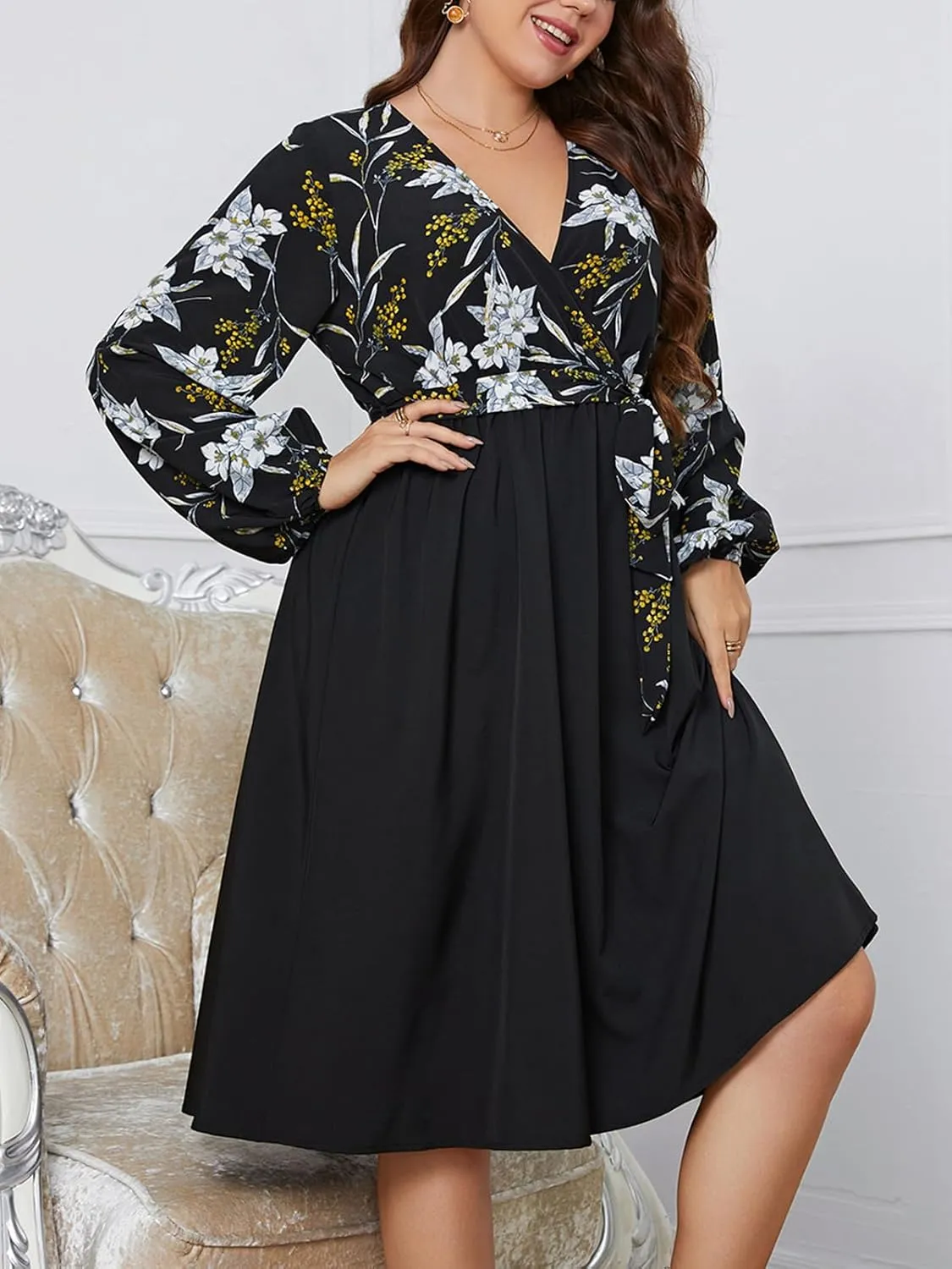 CUPSHE Women's Plus Size Midi Dress 2024 Puff Long Sleeve Casual Dresses A Line Flowy Spring Dress