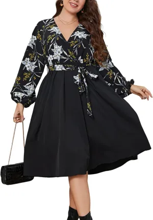 CUPSHE Women's Plus Size Midi Dress 2024 Puff Long Sleeve Casual Dresses A Line Flowy Spring Dress