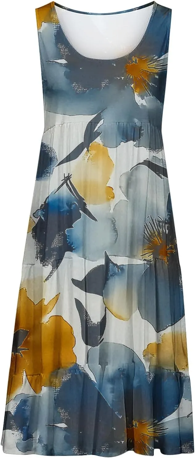 DDAPJ pyju Summer Dresses for Women 2025 Cute Floral Print Sleeveless Tank Dress Ruffle Tiered Loose Flowy Mini Dress