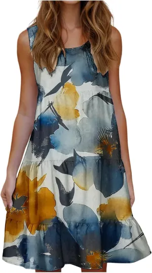 DDAPJ pyju Summer Dresses for Women 2025 Cute Floral Print Sleeveless Tank Dress Ruffle Tiered Loose Flowy Mini Dress