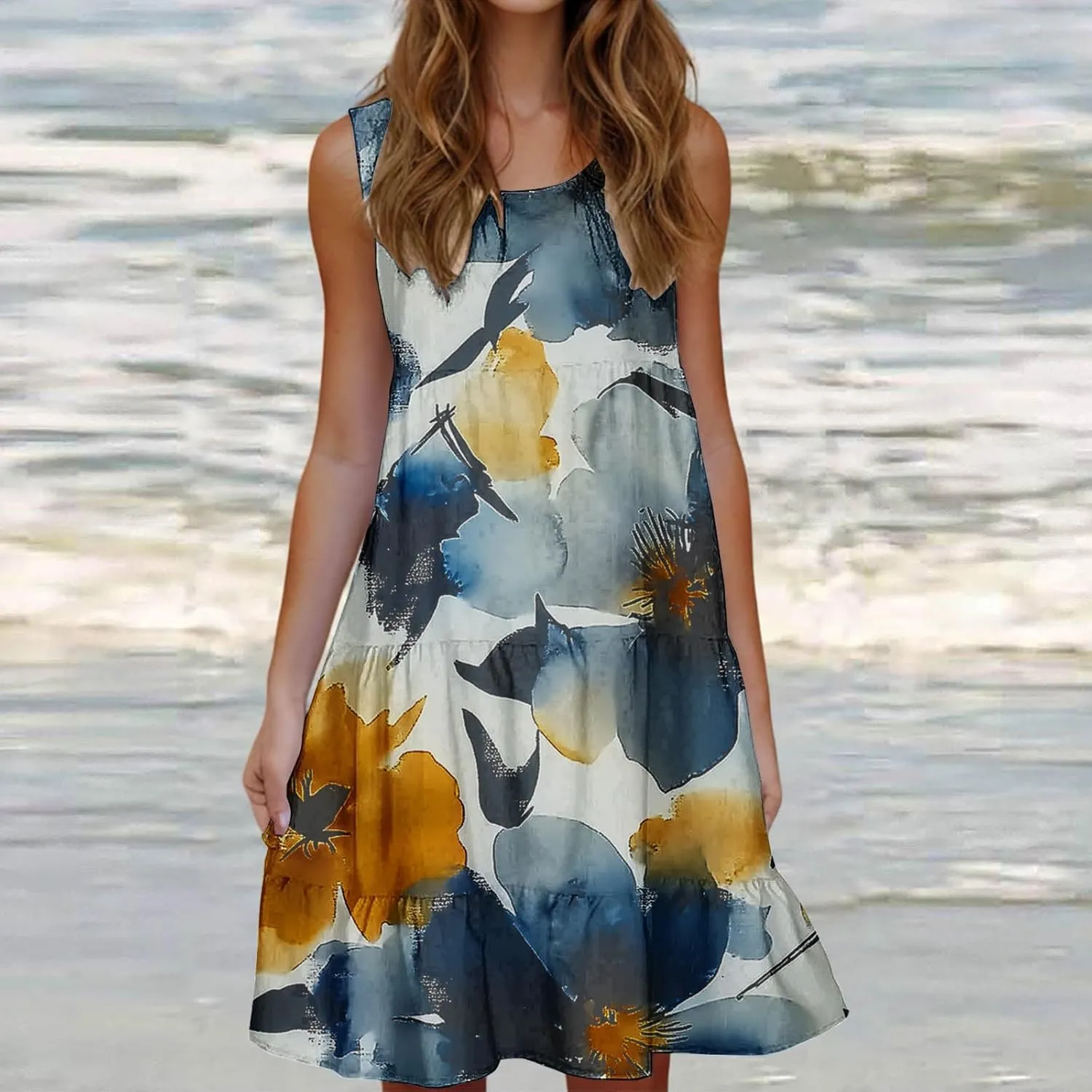 DDAPJ pyju Summer Dresses for Women 2025 Cute Floral Print Sleeveless Tank Dress Ruffle Tiered Loose Flowy Mini Dress