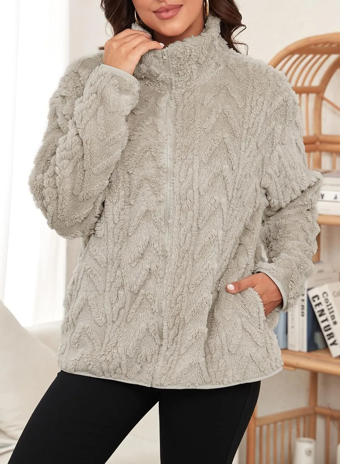 Dokotoo Winter Fleece Jacket for Women Oversized Zipper Up 2024 Stand Collar with Pockets Baggy Coats