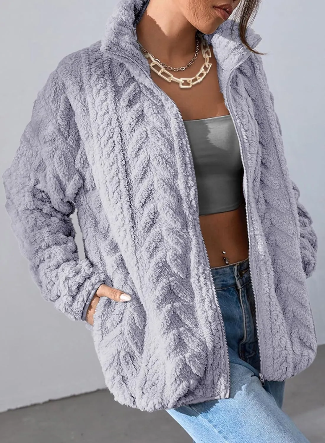 Dokotoo Winter Fleece Jacket for Women Oversized Zipper Up 2024 Stand Collar with Pockets Baggy Coats