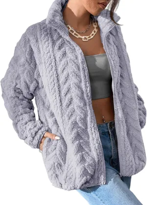 Dokotoo Winter Fleece Jacket for Women Oversized Zipper Up 2024 Stand Collar with Pockets Baggy Coats