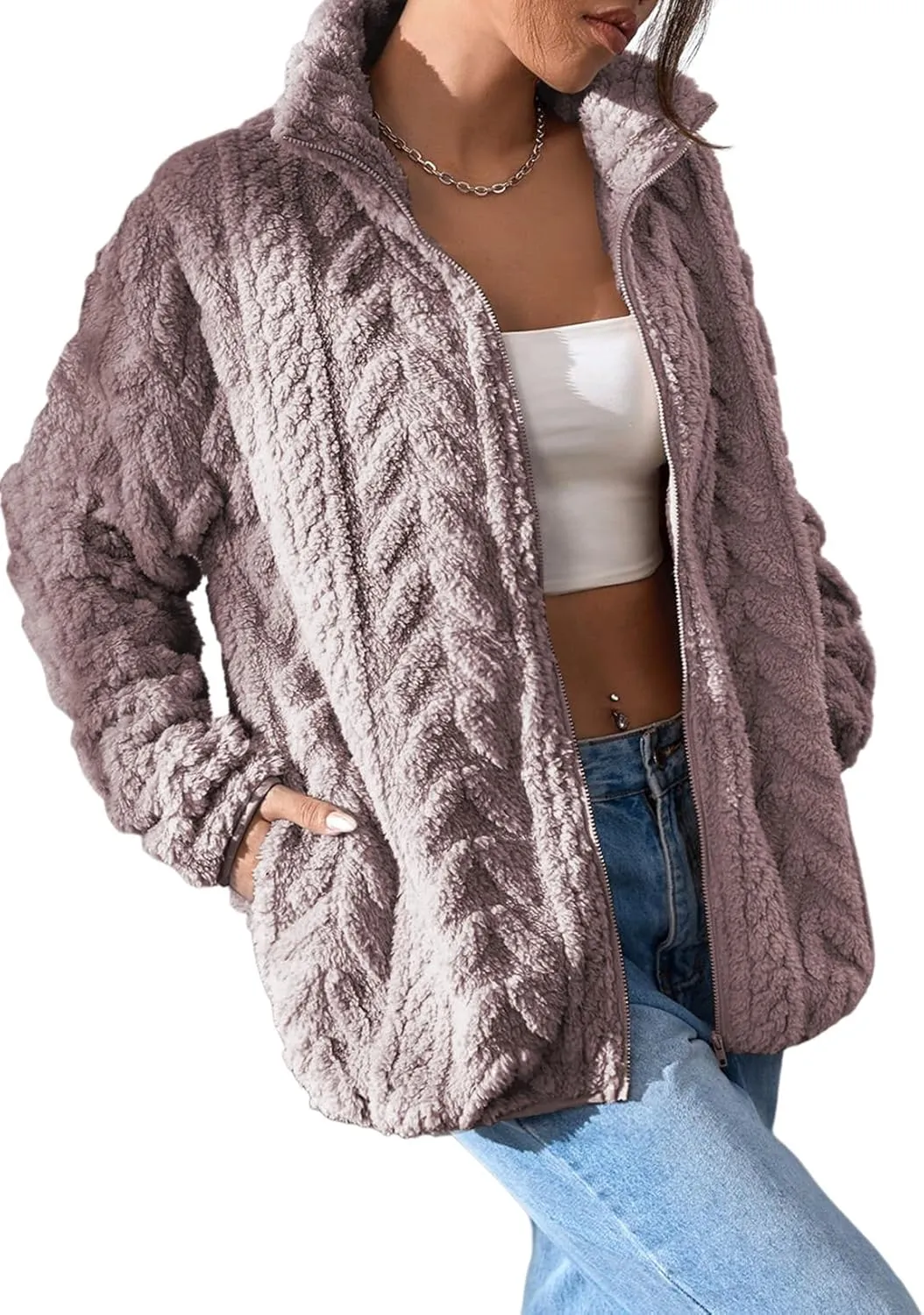 Dokotoo Winter Fleece Jacket for Women Oversized Zipper Up 2024 Stand Collar with Pockets Baggy Coats